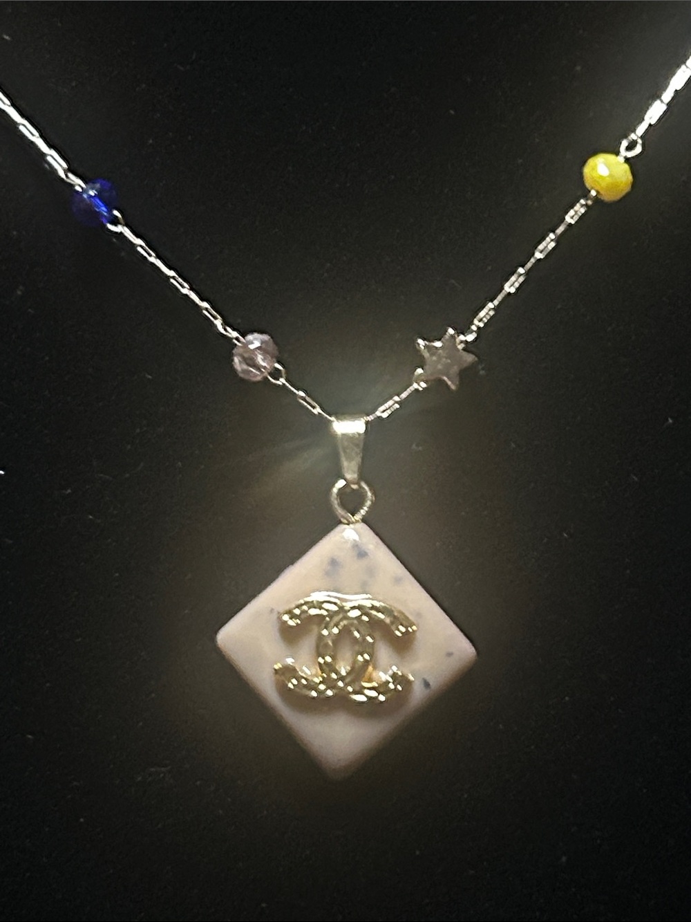 CC Gold-Accent Cream Pendant Necklace with Multicolor Beads-stamped